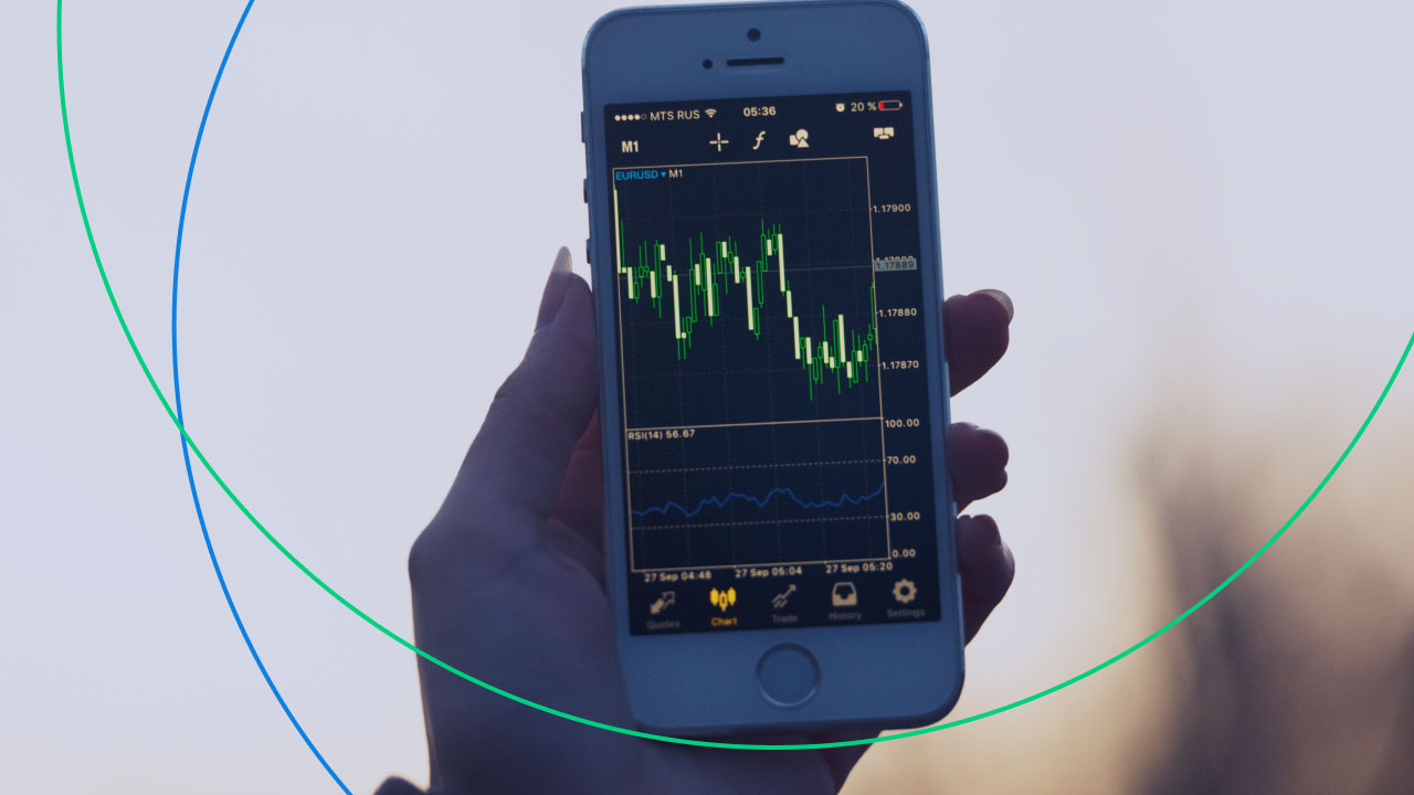 An image titled "5 Ways to Start Forex Trading As a Beginner" showing a person holding a smartphone displaying a forex trading chart for the EUR/USD currency pair.