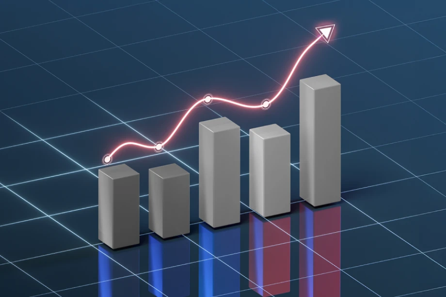 3D bar chart with a rising red trend line and arrow, symbolizing forward testing results, growth