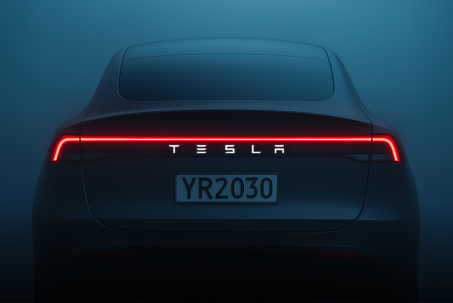 The image features the rear of a Tesla car with a glowing "TESLA" logo and the license plate "YR2030," set against a misty, futuristic backdrop.