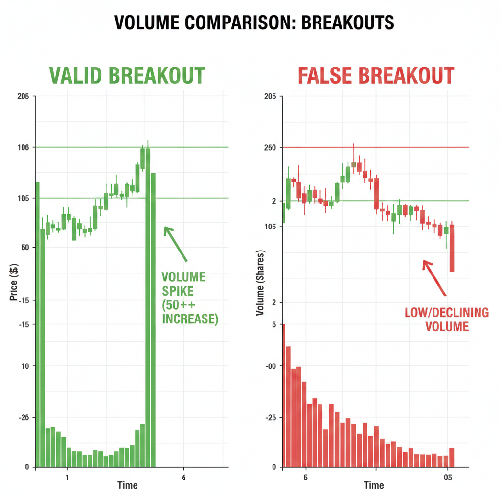 Volume comparison chart showing Valid Breakout vs False Breakout