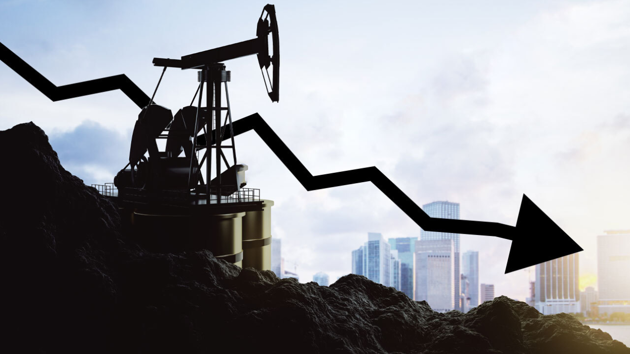 Silhouette of an oil pumpjack on a hill of crude with a bold black downward arrow indicating falling oil prices, set against a modern city skyline, illustrating "Global Markets Stumble as Oil Prices Surge on Mideast Tensions."