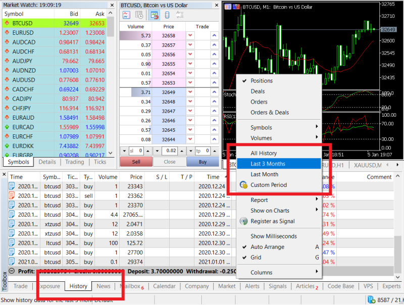 MetaTrader desktop trading platform showing a detailed trading interface and the 'History' tab is selected