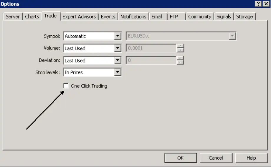 MetaTrader platform 'Trade' tab showing the checkbox option to enable 'One Click Trading'