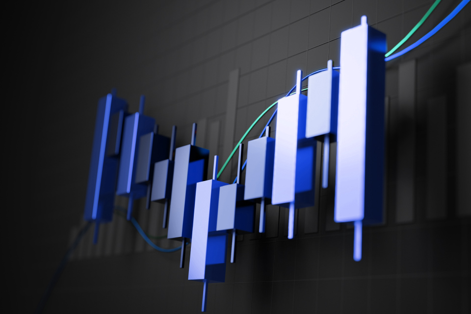 3D candlestick chart in blue with trend lines, symbolizing market analysis, rectangle chart patterns, and trading strategy visualization