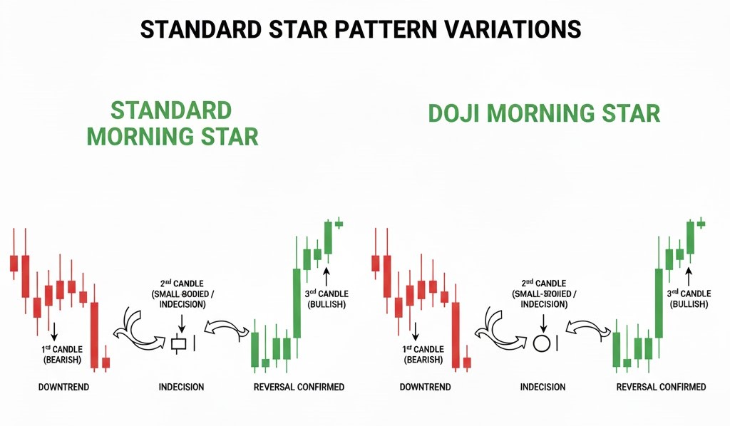 Comparison showing standard morning star with small-bodied middle candle next to doji morning star with doji (cross-shaped) middle candle