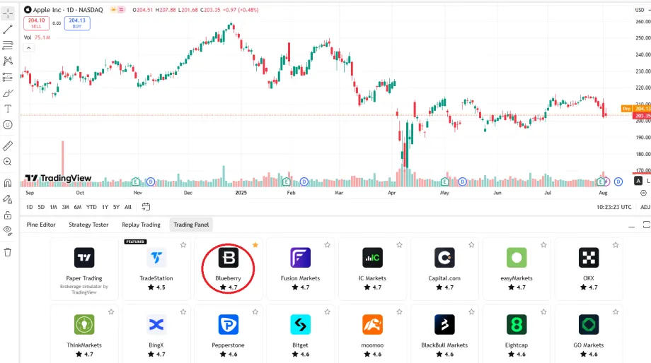 TradingView interface showing the “Connect broker” feature, allowing users to link their Blueberry account for direct trading integration.