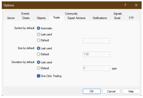 'Options' window under the 'Trade' tab on a trading platform showing 'One Click Trading' enabled