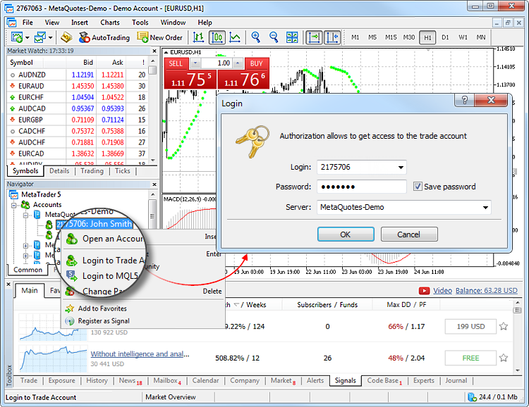 MetaTrader login screen