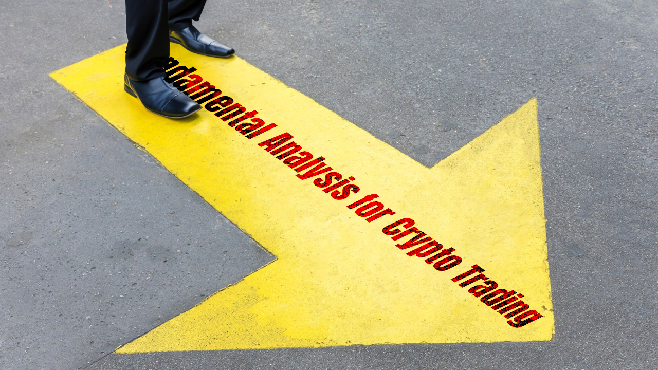 An image titled "How to Use Fundamental Analysis for Crypto Trading" showing a yellow arrow on the street with the text "Fundamental Analysis for Crypto Trading," and a man standing on the arrow, symbolizing guidance in crypto trading through fundamental analysis.