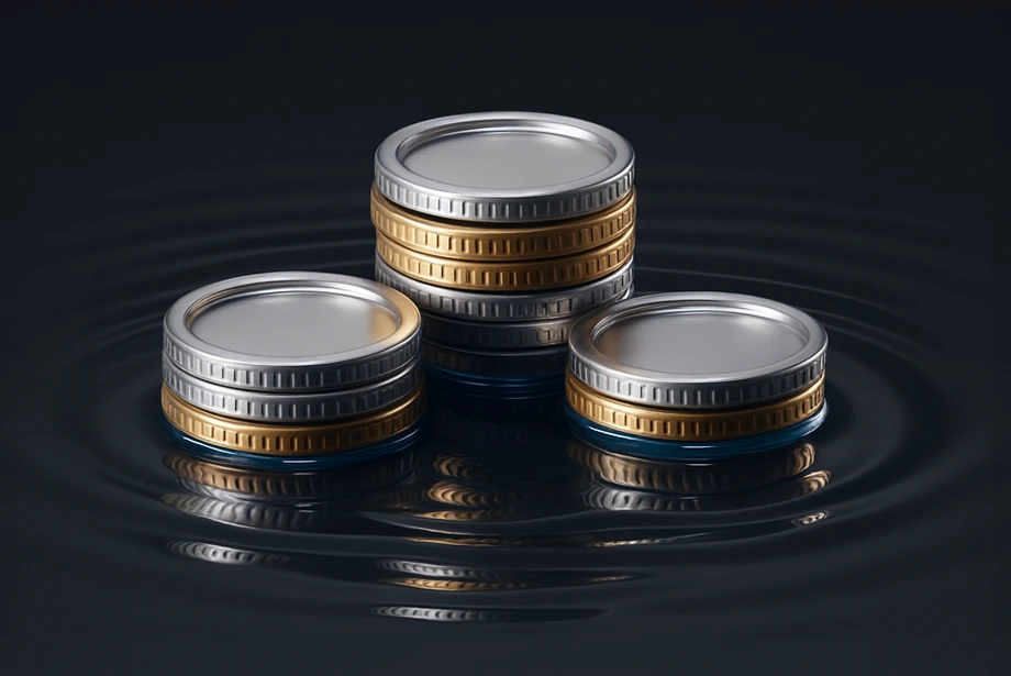Stacks of metallic gold and silver coins placed on a dark reflective surface with ripples around them, symbolising financial growth and market impact.